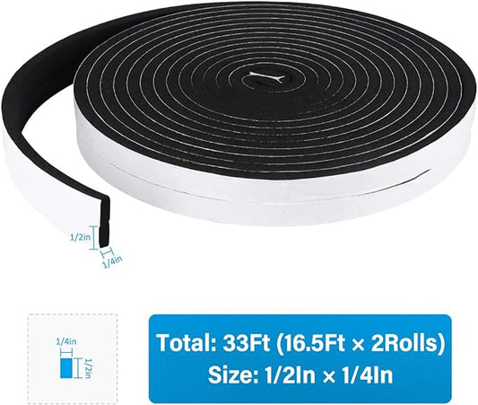 DGSL Foam Insulation Tape, 1/2In x 1/4In x 33Ft Weather Stripping Door Seal Strip for Doors and Windows,Sliding Door,Sound Proof Soundproofing Door Seal,Weatherstrip,Air Conditioning Seal Strip