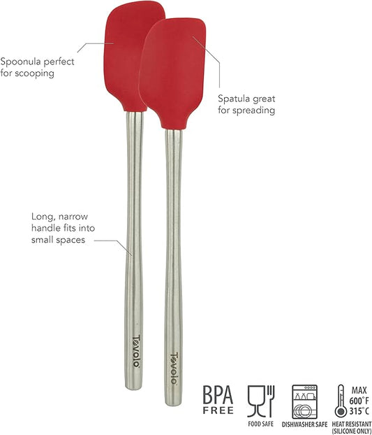 Tovolo Flex Core Mini Silicone Spatula Spoonula Set of 2 for Non Stick Cast Iron Cooking & Baking, Dishwasher Safe Heat Resistant BPA Free Small Stainless Steel Handle Kitchen Utensil, Cayenne Red