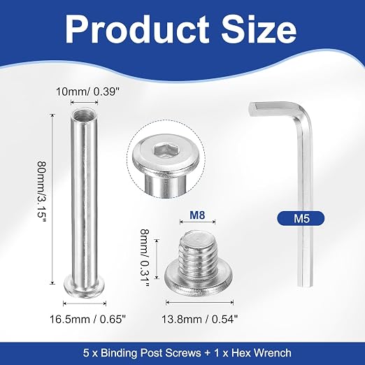 PATIKIL M8x8mm Hex Chicago Screws 10x80mm, 2Pcs 304 Stainless Steel Metric Hex Drive Socket Cap Binding Post Screw Posts for Scrapbook Leather Belt Album Furniture Repair, Silver