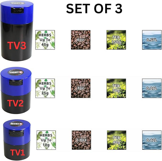 Tightvac Set of 3 - Patented Airtight Containers | Multi-use Vacuum Containers Work as Smell Proof Containers for Herbs, Dry Goods and Food. Blue Caps and Black Body