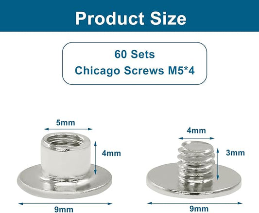 60 Sets Silver Chicago Screws, M5*4mm Leather Rivets Screw Rivets Buttons DIY Leather Trim Craft Bookbinding for Decorate Repair Belt Bag Shoes Purse