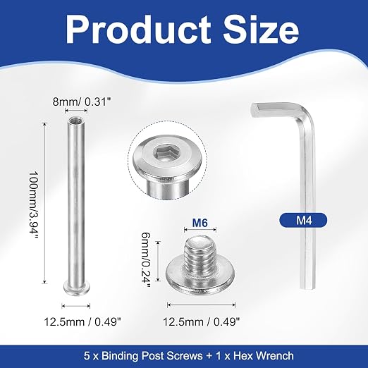 PATIKIL M6x6mm Hex Chicago Screws 8x100mm, 5Pcs 304 Stainless Steel Metric Hex Drive Socket Cap Binding Post Screw Posts for Scrapbook Leather Belt Album Furniture Repair, Silver