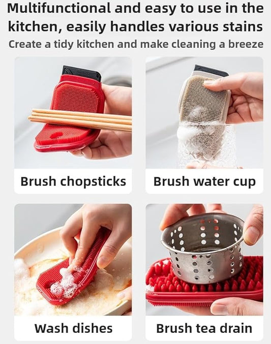 3-in-1 Silicone Dish Sponge-Food-Grade BPA-Free Cleaning Brush with Dual-Sided Comb&Scraper,Hanging Hole for Easy Storage,Fast-Dry Reusable Kitchen Gadget for Dishes/Fruits/Vegetables (Grey 2PCS)