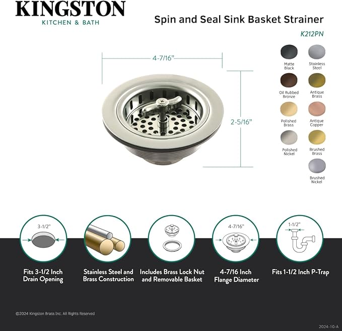 Kingston Brass K212BB Tacoma Spin and Seal Sink Basket Strainer, Brushed Brass