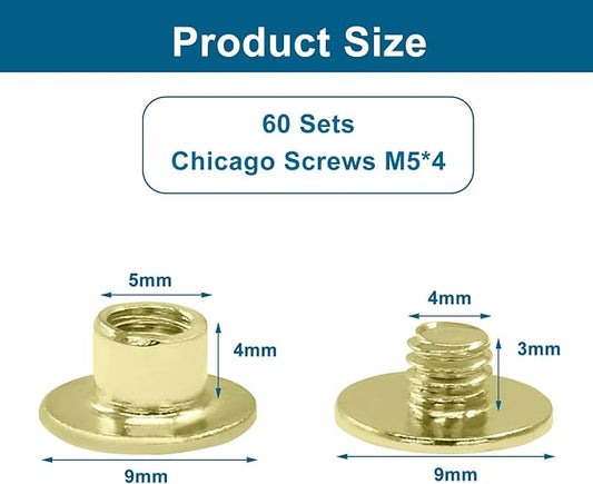 60 Sets Gold Chicago Screws, M5*4mm Leather Rivets Screw Rivets Buttons DIY Leather Trim Craft Bookbinding for Decorate Repair Belt Bag Shoes Purse
