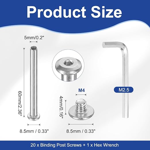PATIKIL M4x4mm Hex Chicago Screws 5x60mm, 10Pcs 304 Stainless Steel Metric Hex Drive Socket Cap Binding Post Screw Posts for Scrapbook Leather Belt Album Furniture Repair, Silver