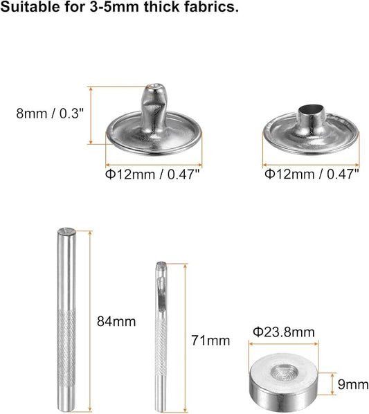 HARFINGTON 100 Sets Leather Rivets 8 x 12mm Metal Double Cap Rivet Snaps Studs Fasteners with 3pcs Setting Tools Rivets for Leather Craft DIY Repair Decoration, Silver Tone