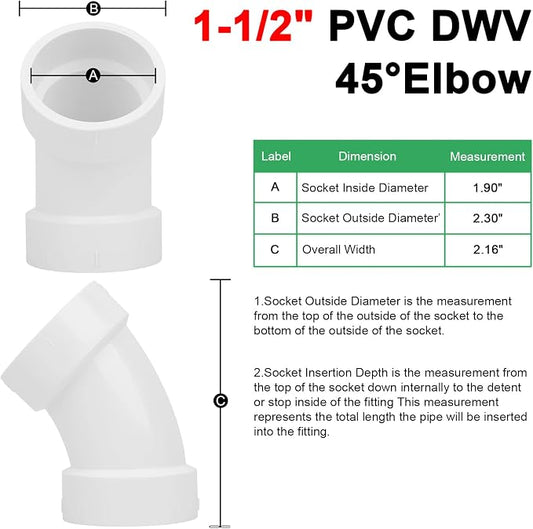 6Pack 1-1/2" PVC DWV Sanitary 45-Degree Elbow Pipe Fitting Connector (Socket x Socket) White SCH40 1.50" PVC DWV 45° Elbow Corner Adapter for Drain, Waste, Vent