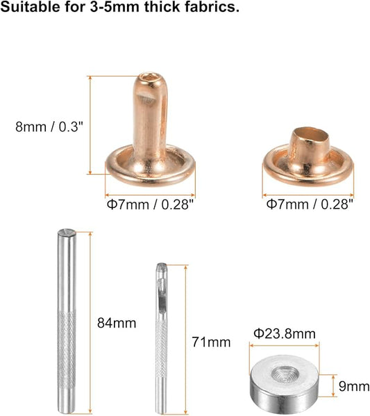HARFINGTON 100 Sets Leather Rivets 8 x 7mm Metal Double Cap Rivet Snaps Studs Fasteners with 3pcs Setting Tools for Leather Craft DIY Repair Decoration, Light Gold Tone