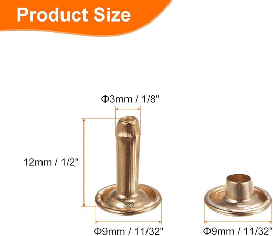 HARFINGTON 100 Sets Double Cap Leather Rivets, 9x12mm Round Cap Tubular Metal Studs Leather Crafting Rivets for Fabric Belt Pet Collar Boot Bag Repair and Decoration, Light Gold