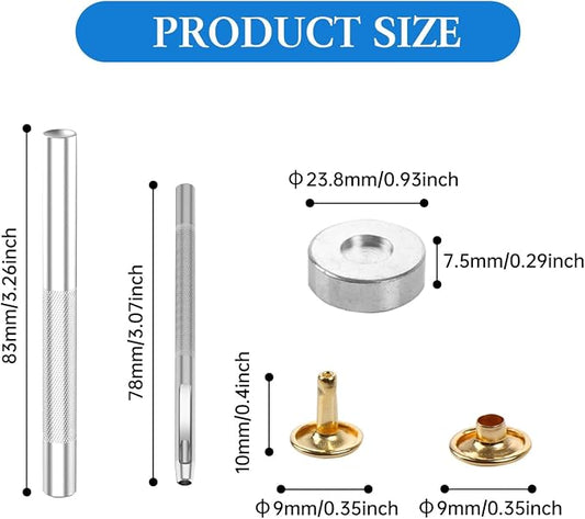 100 Sets Leather Rivets 9x10mm Double Cap Rivets Snaps Metal Studs Fasteners with 3pcs Setting Tools for Leather Craft DIY Repair Decoration, Gold Tone