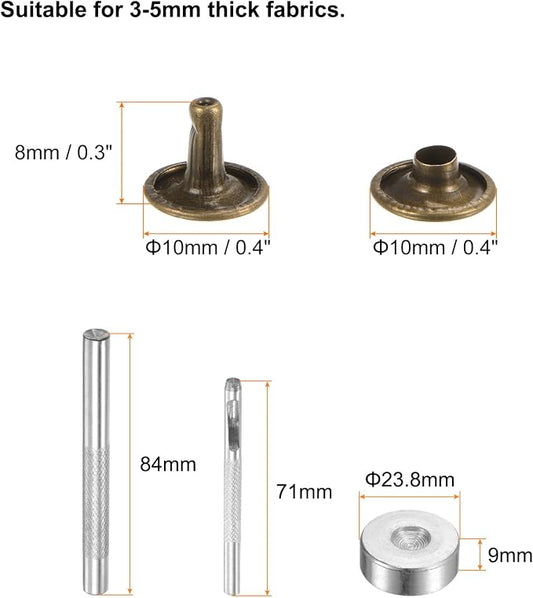 HARFINGTON 100 Sets Leather Rivets 8 x 10mm Metal Double Cap Rivet Snaps Studs Fasteners with 3pcs Setting Tools Rivets for Leather Craft DIY Repair Decoration, Bronze
