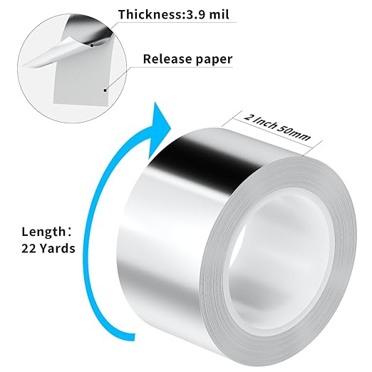 Aluminum Foil Tape Heavy Duty 2 Inch x 22 Yards(3.9 mil), High Temp Waterproof HVAC Tape, Silver Insulation Adhesive for Ductwork, Sealing, Dryer Vent, Furnace, AC, Pipe Repair