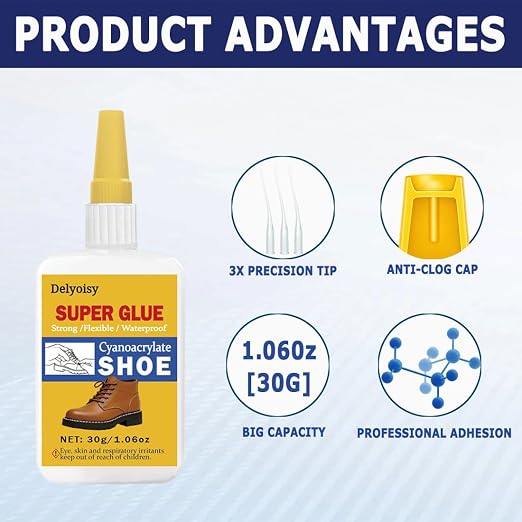 30g Shoe Glue for Sole Repair - Heavy Duty Super Adhesive for Boots, Sneakers, Leather & Rubber - Cyanoacrylate Instant Set, Waterproof Flexible Repair, Sets in 15 Seconds