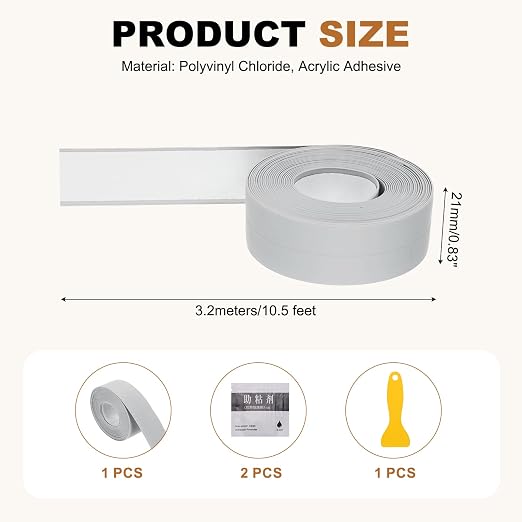 uxcell Caulk Tape Waterproof, 0.83 Inch x 10.5 ft Self-Adhesive Sealant Sealing Strip Caulking Sealant Tape PVC with Tool for Kitchen Sink Toilet Bathroom Bathtub Floor, Gray
