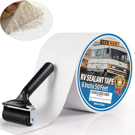 RV Roof Tape White,6 Inch X 50 Feet RV Sealant Tape with Rubber Roller,Camper Roofing Repair Sealant Tape, Waterproof Leak Tape for RV Repair,UV Resistant, Weatherproof, for Boat Sealing, Camper