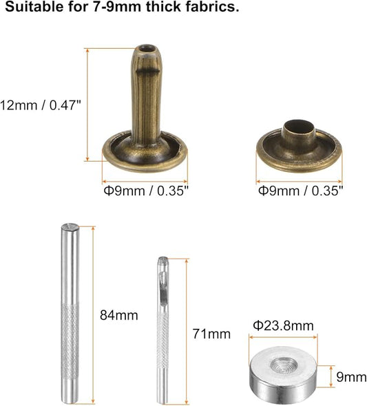 HARFINGTON 100 Sets Leather Rivets 12 x 9mm Metal Double Cap Rivet Snaps Studs Fasteners with 3pcs Setting Tools for Leather Craft DIY Repair Decoration, Bronze