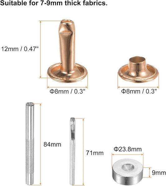 HARFINGTON 100 Sets Leather Rivets 12 x 8mm Metal Double Cap Rivet Snaps Studs Fasteners with 3pcs Setting Tools Rivets for Leather Craft DIY Repair Decoration, Light Gold Tone