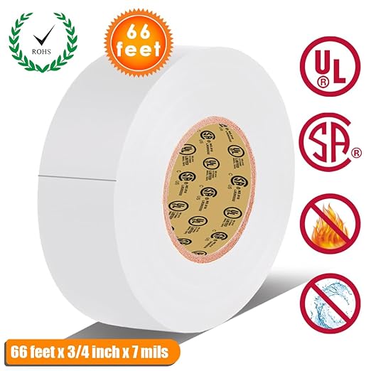 LYLTECH White Electrical Tape 3/4in x 66ft 7mil 600V UL CSA Certified | Waterproof flame retardant strong adhesive, working temp 14℉-176℉, insulation tape for wiring repair