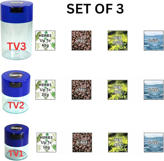 Tightvac Set of 3 - Patented Airtight Container | Multi-use Vacuum Container Works as Smell Proof Containers for Herbs and Dry Goods. Blue Caps and Clear Bodies