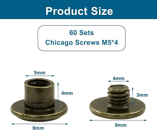 60 Sets Antique Bronze Chicago Screws, M5*4mm Leather Rivets Screw Rivets Buttons DIY Leather Trim Craft Bookbinding for Decorate Repair Belt Bag Shoes Purse