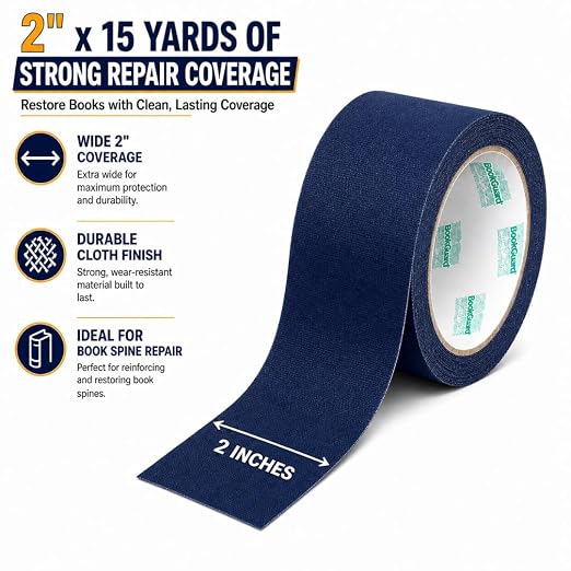 BookGuard Navy Book Repair Tape, 2 in x 15 yd Acid-Free Cloth Binding Roll for Spine Mending, Libraries, Schools, Bibles
