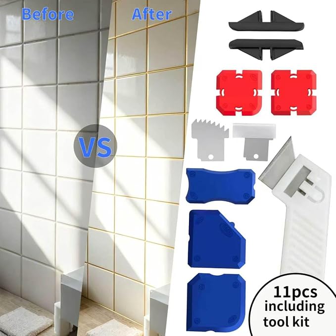 11 Pcs Caulking Tool Kit, Professional Silicone Sealant Finishing Tools Set, Multifunctional Caulk Removal & Grout Filling Tool with Storage Box, Complete Repair Tools for Bathroom Kitchen Window