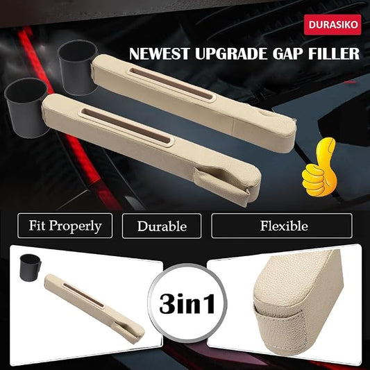 Advanced 3in1 Car Seat Gap Filler with Pocket Organizer and Removable Cupholder,Console Side Pocket Organizer,Car Seat Gap Pad for Cellphone Coin Key,Stopper and Blocker,PU Leather,2 Packs