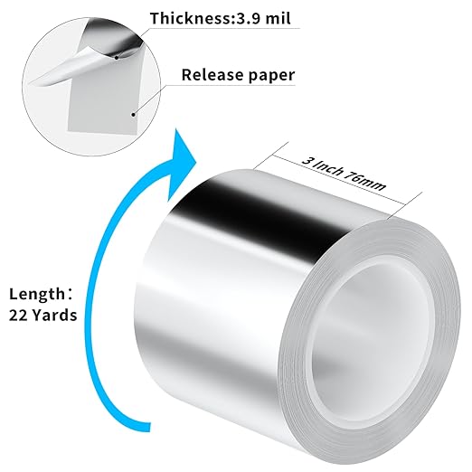 Aluminum Foil Tape Heavy Duty 3 Inch x 22 Yards(3.9 mil), High Temp Waterproof HVAC Tape, Silver Insulation Adhesive for Ductwork, Sealing, Dryer Vent, Furnace, AC, Pipe Repair