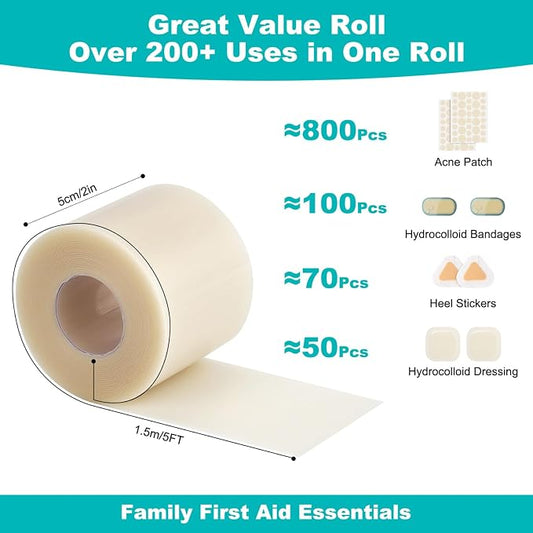 Hydrocolloid Roll for Wound Care, Hydrocolloid Bandages with Self-Adhesive, Cut-to-Size Patch Bandages, Ultra Absorbent, Waterproof, First Aid Kit Essential (2IN*12FT)