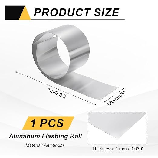 uxcell Aluminum Flashing Roll, 5in x 3.3ft Metal Roof Panels 1mm Waterproof Aluminum Sheet Roll for House Repair, Roof Flashing, Sealing Windows Doors, DIY Projects