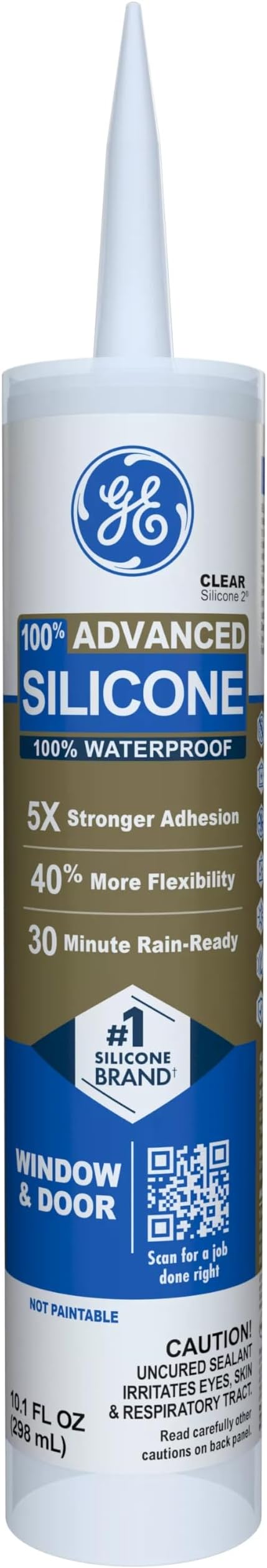 GE Advanced Silicone Caulk for Window & Door, Clear, 10 fl oz Cartridge, 12 Pack - 100% Waterproof Silicone Sealant, 5X Stronger Adhesion, Shrink & Crack Proof