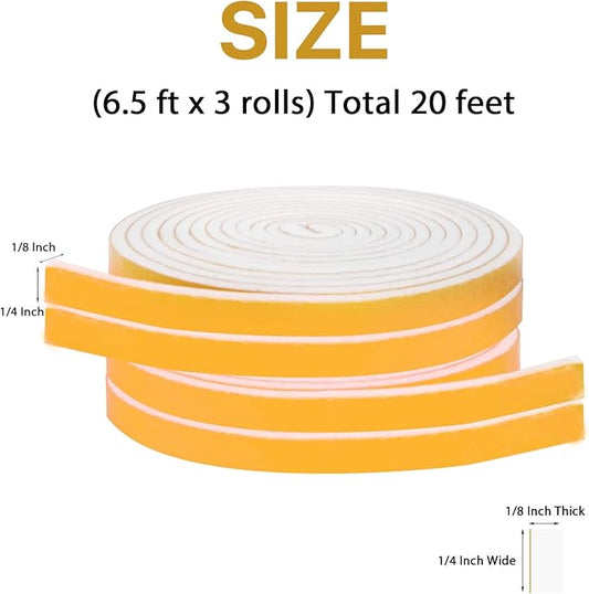 Foam Weather Stripping-4 Rolls, 1/4 Inch Wide X 1/8 Inch Thick Total 52 Feet Long, Adhesive Door Weatherstrip Foam Insulation for Windows(13ft x 4 Rolls)