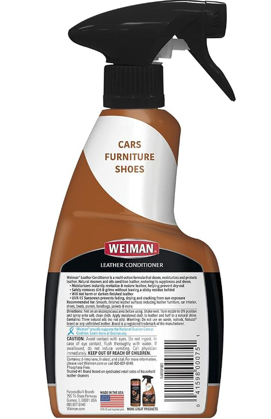 Weiman Leather Cleaner & Conditioner - 12 Fl Oz - Non Toxic Cleans Conditions and Restores Leather Surfaces - UV Protectants Help Prevent Cracking or Fading of Leather Couches Car Seats Shoes Purses