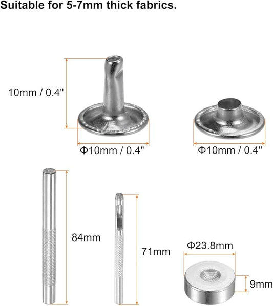 HARFINGTON 100 Sets Leather Rivets 10 x 10mm Metal Double Cap Rivet Snaps Studs Fasteners with 3pcs Setting Tools Rivets for Leather Craft DIY Repair Decoration, Silver Tone