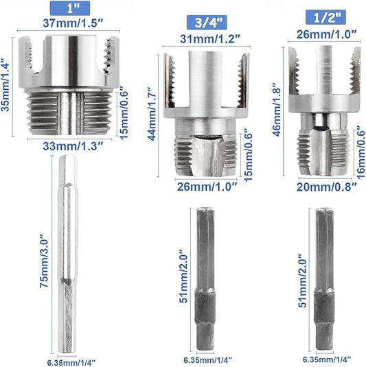 3 PCS Integrated PVC Pipe Threading Tool, Premium Carbon Steel Dual-Function Internal & External Pipe Threader for 1/2", 3/4", 1" Sizes PVC Pipes Suit for All Electric Drills (1/2"+3/4"+1")