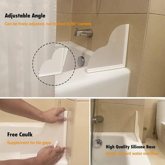 Tub Splash Guard Removable, 2 Pack Bathtub Water Splash Guards,Silicone Base & Acrylic Tub Corner Guards to Keep Water in Tub, Self-Adhesive & Prevent Shower Water from Splashing Out.