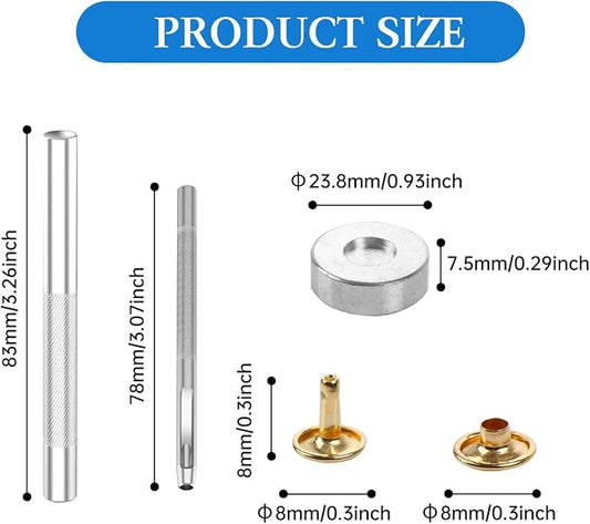 100 Sets Leather Rivets 8x8mm Double Cap Rivets Snaps Metal Studs Fasteners with 3pcs Setting Tools for Leather Craft DIY Repair Decoration, Gold Tone