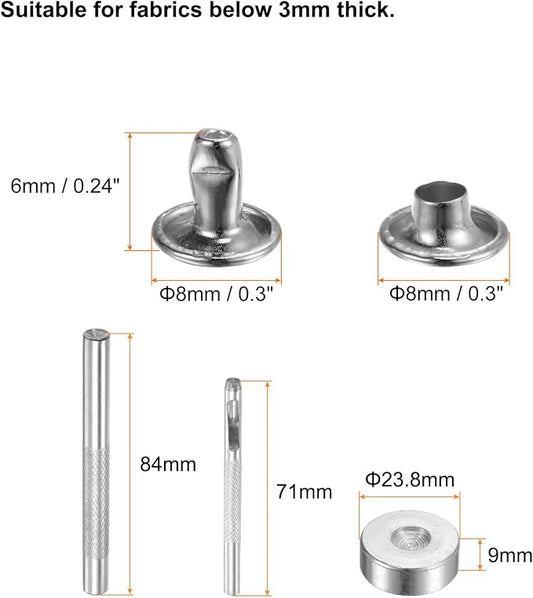 HARFINGTON 100 Sets Leather Rivets 6 x 8mm Metal Double Cap Rivet Snaps Studs Fasteners with 3pcs Setting Tools for Leather Craft DIY Repair Decoration, Silver Tone
