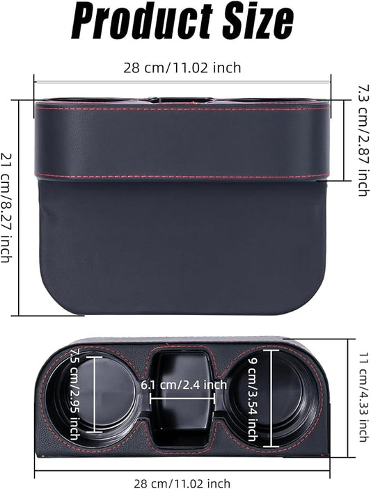 Car Cup Holder for Seat Gap Filler, PU Leather Car Seat Gap Filler Organizer Storage Box, Multifunctional Automotive Interior Accessory with Cupholder & Phone Holder (Black)