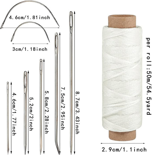 55Yards Waxed Thread with 7 Pcs Leather Hand Sewing Needles - 150D Flat Waxed Thread for Leather Repair, Upholstery, Canvas Bags, Sofa Furniture (White)