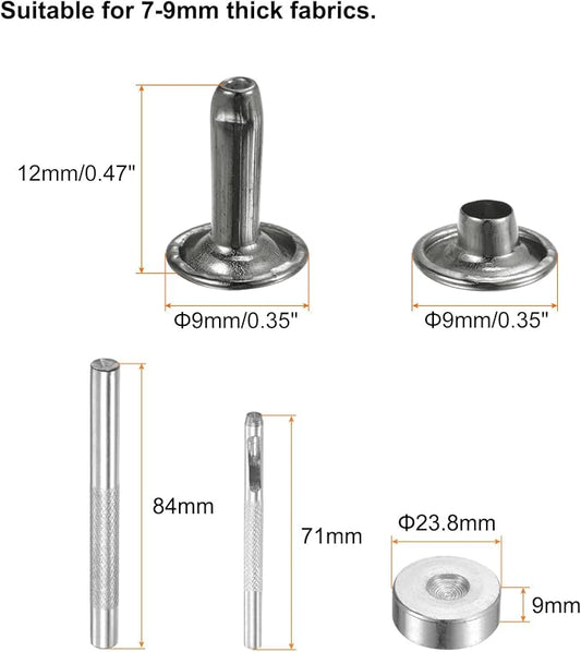 HARFINGTON 100 Sets Leather Rivets 12 x 9mm Metal with 3 Setter Tools Gunmetal