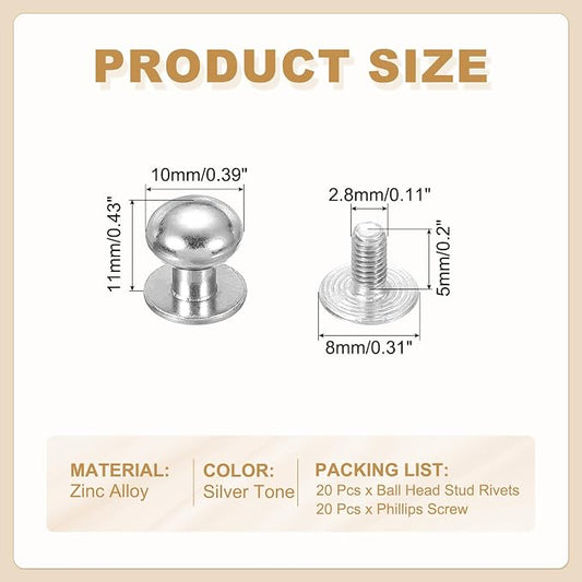 PATIKIL 10 mm Leather Rivets, 20 Sets Ball Head Stud Screw Back Round Head Button Chicago Screw Nipple Stud Rivet for Leather DIY Craft Handbag Belt Repairs, Silver Tone