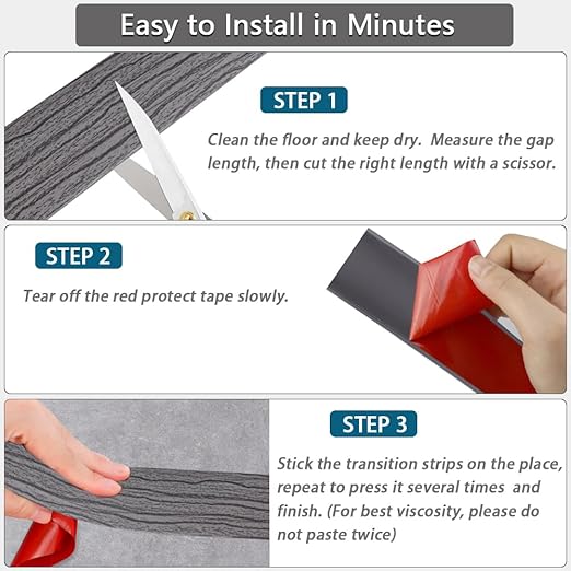 Floor Transition Strip 2" Self Adhesive Flat Vinyl Flooring Transitions Strip with Strong Backing Wood Grain 5cm, 10FT, Deep Grey