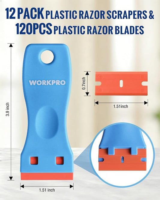 WORKPRO 12-Piece Plastic Razor Blade Scraper with 120 Pcs Plastic Razor Blades, for Gasket Remover, Labels Decal and Adhesive Remover for Windows and Glass