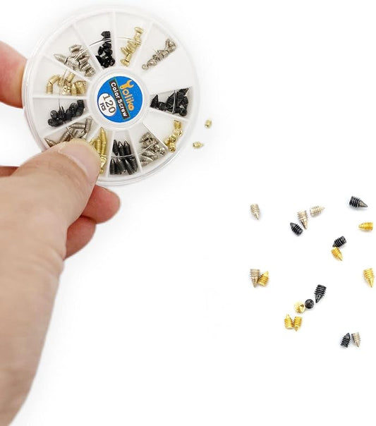 120 Pcs Nickel Plated Tip Screws Pointed Cross Slot Leather Accessories 3 Colors 4 Sizes Belt Screws Include M2x3,M2.5x4,M2.5x6,M3x5 with 2mm Screwdriver for Belt Buckle Wallet Handbag Purse