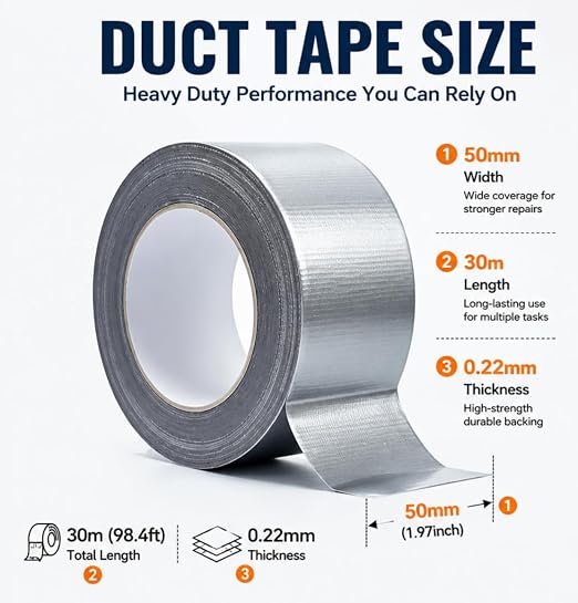 Silver Heavy Duty Duct Tape, 1.97" x 98FT (32.8 Yards) Waterproof Adhesive Tape for Home Industrial Pipe Repair Tear by Hand(GU013