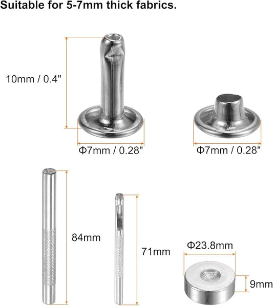HARFINGTON 100 Sets Leather Rivets 10 x 7mm Metal Double Cap Rivet Snaps Studs Fasteners with 3pcs Setting Tools Rivets for Leather Craft DIY Repair Decoration, Silver Tone