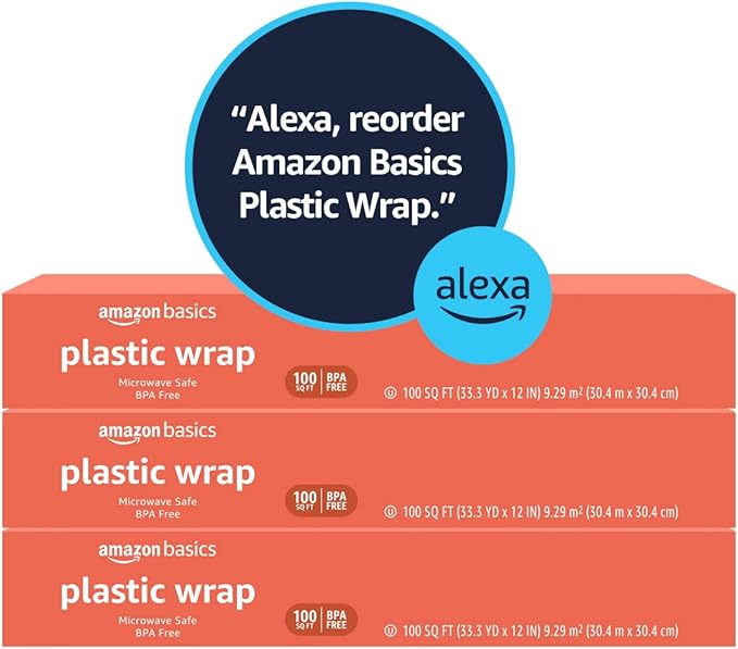Amazon Basics Plastic Food Wrap,BPA Free,Microwave Safe with Tight Seal,300 Sq Ft,100 Sq Ft Rolls,(Pack of 18)