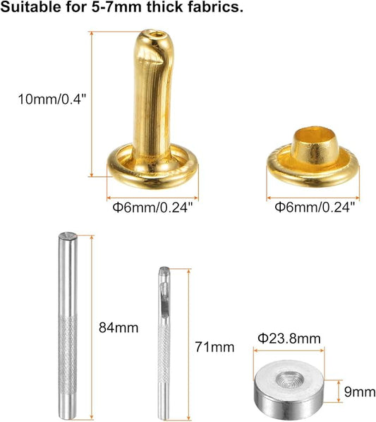 HARFINGTON 100 Sets Leather Rivets 10 x 6mm Metal Double Cap Rivet Snaps Studs Fasteners with 3pcs Setting Tools Rivets for Leather Craft DIY Repair Decoration, Gold Tone